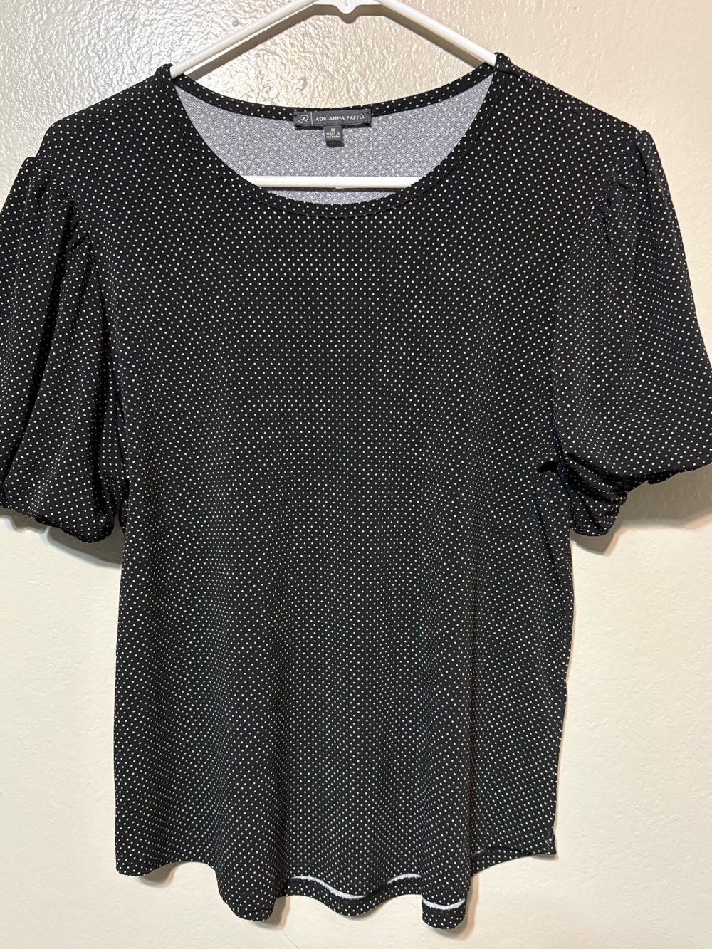 Adrianna Papell Short Sleeve Black and White Polka Dot Puff-Sleeve Top Size M
